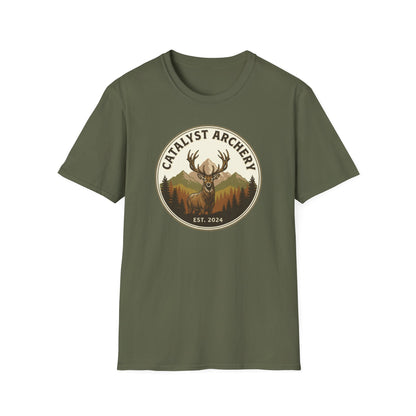 Catalyst Archery T-Shirt — Vintage Deer & Mountain Archery Logo